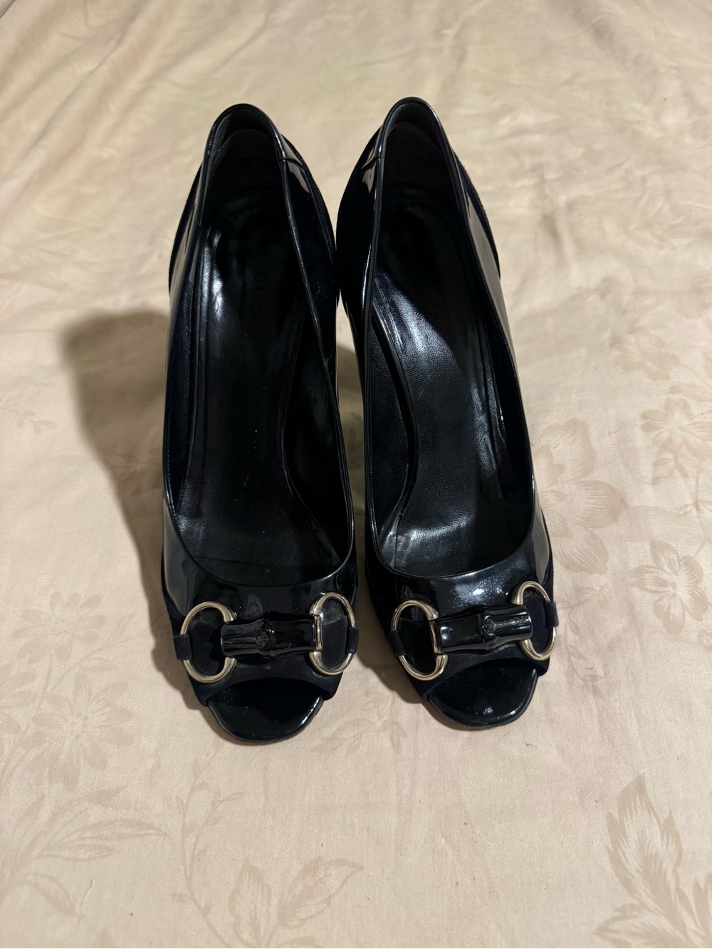 Gucci Black Patent Peep-Toe Heels with Gold Horsebit Accent